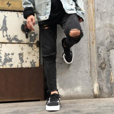 China Color Fade Proof OEM Fashion Ripped Slim Fit Jogger Pants Holes Destroyed Jeans Solid Color Knee Distressed Straight Casual Pencil Pants for sale