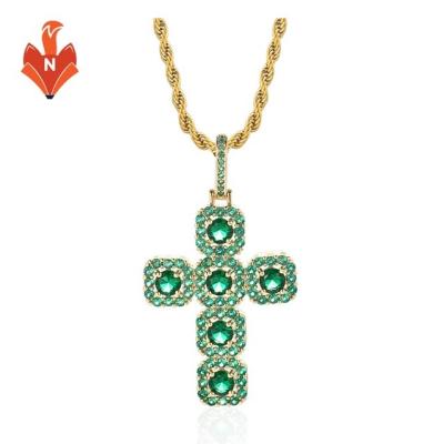 China AJ011-PE Hip Hop Jewelry 14K Gold Swing Gemstone Green-Blue Environmentally Friendly Diamond Iced Out Initial Necklace Cross Pendant For Men for sale