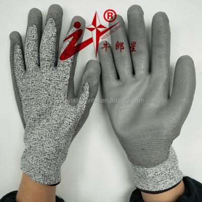 China 13 G HPPE Soft And Resilient Fiberglass Liner With PU Coated CE Anti Cut 5 Level Gloves With Good Price for sale