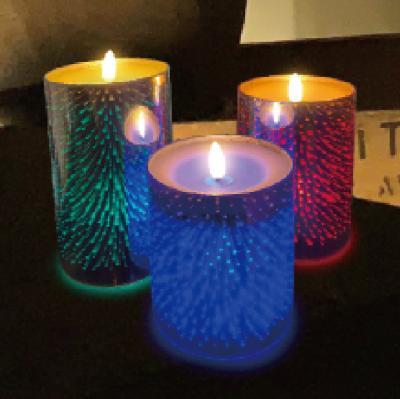 China COLOR 3D CHANGING Glass Fireworks LED Candle With Real 3D Flickering Flame for sale