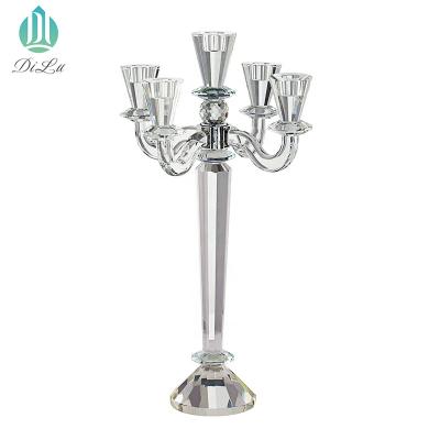 China Manufacturer Direct Sale Wedding Centerpiece Decorations Long Stem 5 Arms Crystal Candelabra Glass Table Top Candle Holder for sale