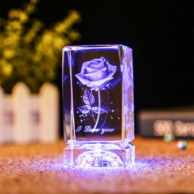 China China Gifts Engraving Rose Flowers Glass Crystal 3D Laser Cube for sale