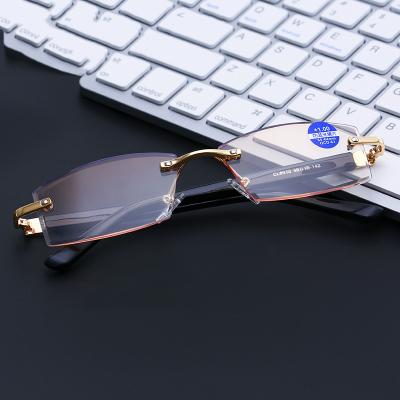 China Custom Slim Blue Square Metal Anti Glass Men's Logo Rimless Reading Glasses Optical Glasses for sale