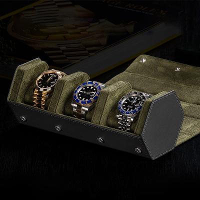 China Handmade 3 Slots Water Proof Roll Watch Packaging Box Vintage Custom Luxury Leather Watch Box for sale