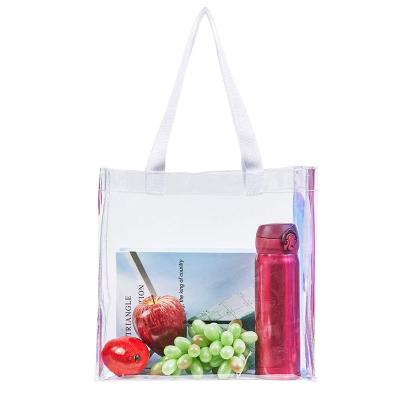 China Durable Custom Printed Women Large Iridescent Handbag Shoulder Hologram Tote Clear PVC Transparent Shopping Bag for sale