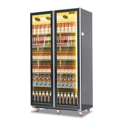 China New Design Beer Bar Fridge Glass Double Door Display Commercial Fridge 850L for sale