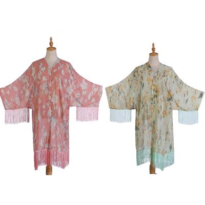 China Wholesale Beach Pastoral Women's Beach Pastoral Floral Print Tassel Cardigan Casual Shawls 194g Chiffon Casual Shawls for sale