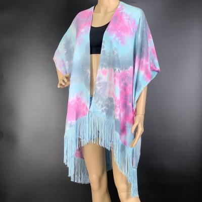 China Factory direct sale breathable hot soft tie dye squishy cardigan with tassels women spring summer beach kimono for sale