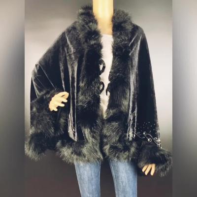 China Style Ordinary Fashion Cashmere Knitting Shawl With Diamond And Fox Fur Trim Rabbit Fur Shawls for sale