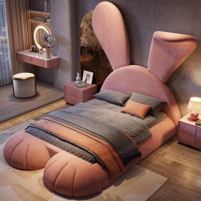 China Luxury Children's Princess Solid Wood Bed Adjustable Light (Height) Rabbit Cartoon Bed Girl's Bedroom Pink Modern Multi-Function Cloth Fabric Bed for sale