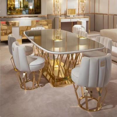 China Glass dining table set household furniture stainless steel gold metal table style designer metal dining table adjustable (height) for sale