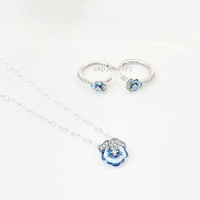 China Fashion 925 Sterling Silver Blue Pansy Flower Zircon Necklace/Romantic Earrings/Pendant For Pandoraer Jewelry for sale