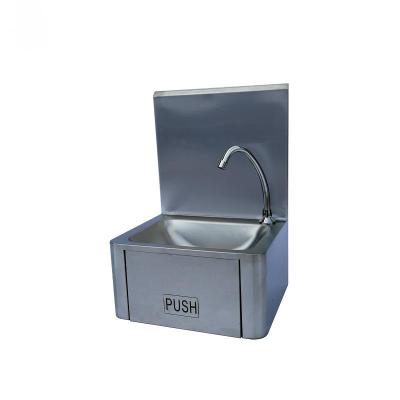 China Popular Restaruant Factory Price Kitchen Hotel Knee Press Stainless Steel Wall Hung Hand Wash Basin With Backsplash for sale