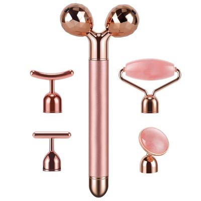 China Vibrating Face Lift Quartz Roller Massager Pink 5 in 1 Beauty Jade Roller for sale