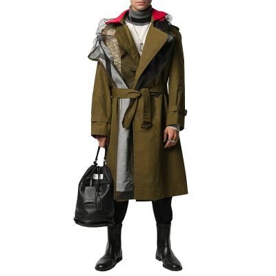 China Breathable Men Fashion Long Sleeve Overcoat Winter Temperament Lapel Belt Design Tulle Small Group Wide Trapezoidal Gap Long Coat for sale