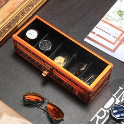 China Luxury Aluminum Watch Box Dropshipping Orange 5 Slots Watch Packaging Box for sale