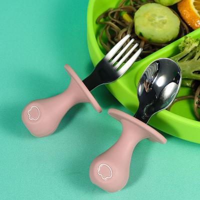 China BPA Free Baby Feeding Utensils Silicone Silicone Stainless Steel Spoon and Fork Set for sale