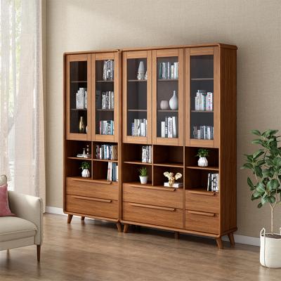 China New Chinese Modern Tall Solid Wooden Bookcases Office Furniture Brown Storage Book Shelves With Glass Doors for sale