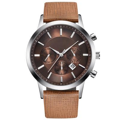 China Automatic Date OEM Custom You Brand Logo Genuine Leather 5ATM Water Resistant Three Eyes Business Luxury Men Watches for sale