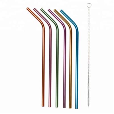 China 6 Metal Disposable Aluminum Drinking Straws in Bent Colorful Multi-Colors with 1 Cleaning Brush Rainbow Set in Cloth Bag for sale