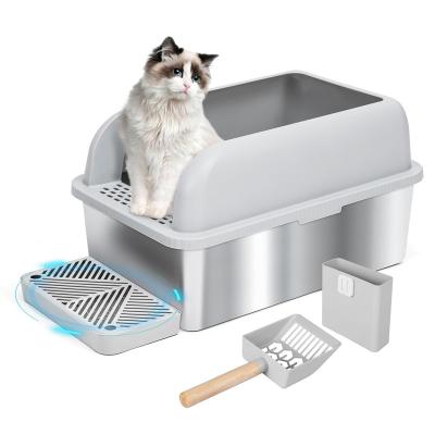 China Pet Care Cleaning 2023 hot sale OEM ODM Big Drawer Cleaner Easy Enclosed White Shelf Clean 2 In 1 Stainless Steel Cat Litter Box for sale