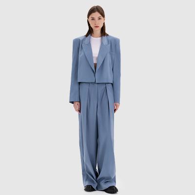 China Breathable Women Formal 2 Piece Female Suit Outfits Pants Casual Blue Pants And Cropped Short Blazer Set for sale