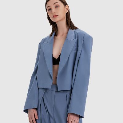 China Breathable Women Short Design Blue Buttonless Slim Long Sleeve Solid Color Crop Top Blazer for sale