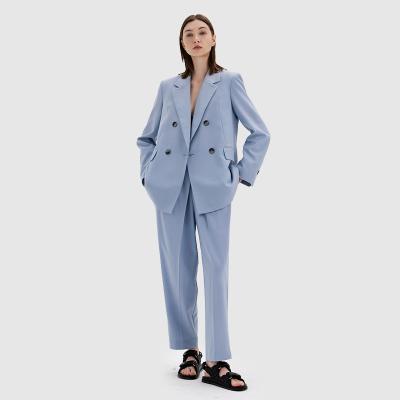 China Breathable Wide-Leg Two Piece Breeches Loose Light Blue Business Office Blazer Set For Women for sale