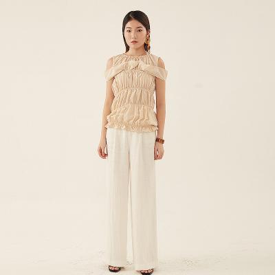 China Sleeveless Breathable Chiffon Pleated Slim Off-the-Shoulder Blouse for sale