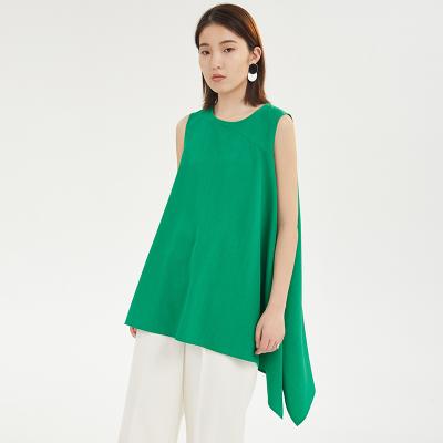 China Sustainable Office Casual Green Round Irregular Neck Blouse Loose Sleeveless Top for sale