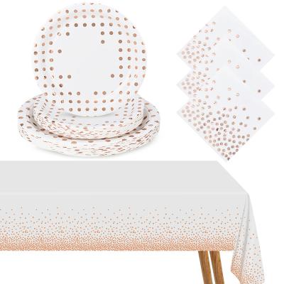 China Wholesale Disposable Plastic Dinner Dishes Paper Print Plates Tableware Table Cloth Napkins Suits Serves 24 For Party for sale