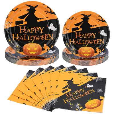 China Custom Logo Printing Plastic Eco-friendly Biodegradable Disposable Paper Tableware Set For Halloween Decorations 24 Guest for sale