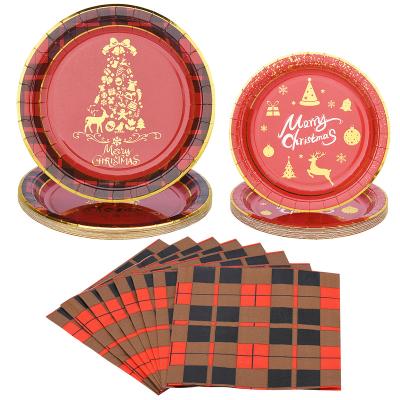 China Wholesale Disposable Plastic Paper Dinner Plates Print Dishes Place Paper Plates and Christmas Napkins Set for 16 Guests for sale