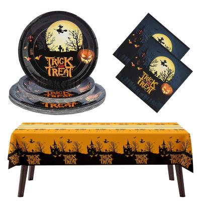 China Eco-friendly Biodegradable Disposable Paper Tablecloth Halloween Paper Party Supplies Decorations 16 Guest for sale