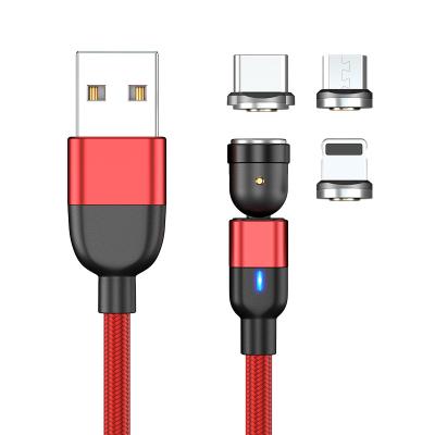 China Support charging +data transmission 3 in 1 usb magnetic cable fast charging 540 degree rotating LED light magnetic phone cable cheap price magnet data flowing cavo for sale