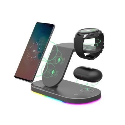 China 3 in 1 Fashion Multi-Function Wireless Charger Station 15W Wireless Charger Station Style Wireless Charger with Colorful LED Light Cargador Inalambrico for sale