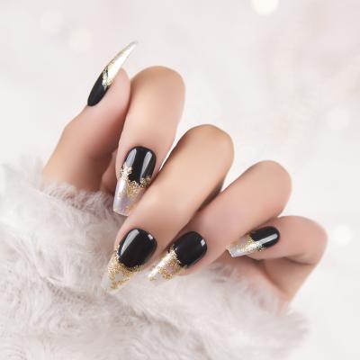 China Flexibility Top Trend Black Glitter Ballerina French Coffin Shapes Fake Nails Artificial Fingernails for sale