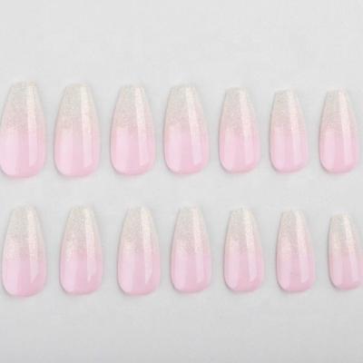 China Clear Flexibility Rose Coffin Fake Nails Pink Glitter Flat Surface Acrylic Designed Artificial Nails for sale