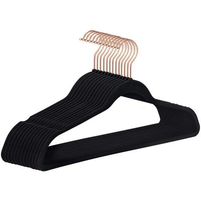 China Black Velvet Hanger Wholesale Price Contact Velvet Hanger Gold Plastic Hook Non Slip Velvet Non Slip Hangers for sale