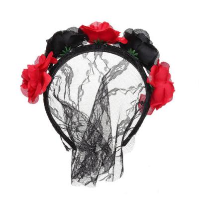 China Party Decoration Rose Flower Lace Veil Halloween Headband Party Christmas Festival Hair Accessory for sale