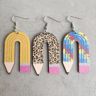 China 2022 new unique creative cute cute gifts learning pencil leopard wooden dangle earrings for sale