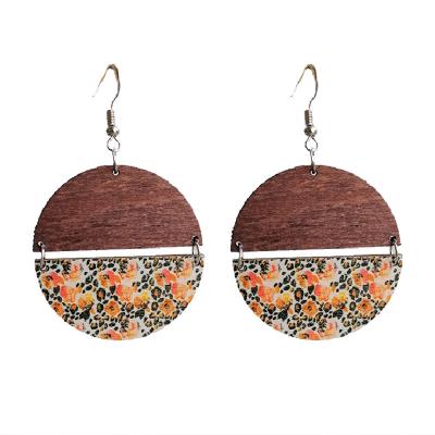 China Retro TRENDY Bohemian Geometric Sunflower Floral Print Round Wooden Dangle Earrings For Women Handmade Earrings for sale