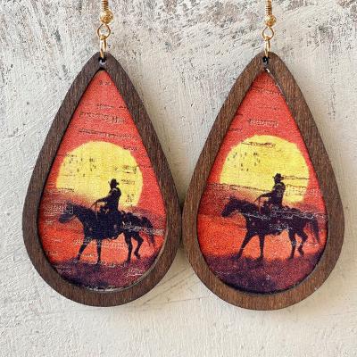 China Retro Vintage Western Cowboy Waterdrop Wooden Frame Leather Earring For Women for sale