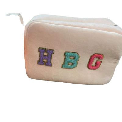 China Fashion Wholesale Hot Sale Custom Terry Cloth Chenille Letter Patches Bags Travel Toiletry Cosmetic Bag for sale