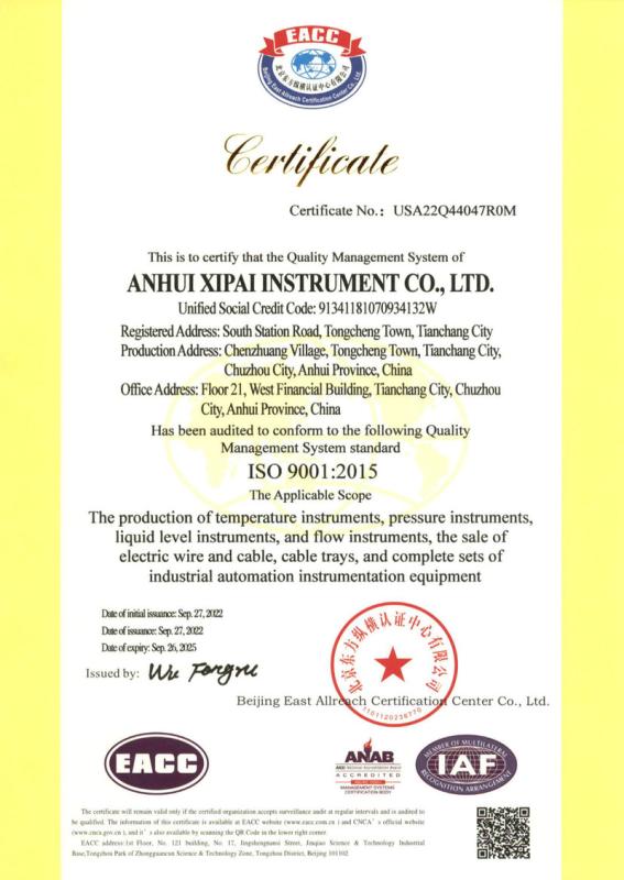 ISO9001:2015 - Anhui Xipai Instrument Co., Ltd.