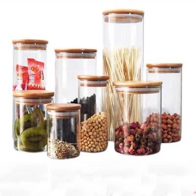 China Freshness Preservation Set 5 Kitchen Glass Canisters Airtight Glass Jar Food Storage Containers With Bamboo Lids For Sugar Candy Spice Tea for sale