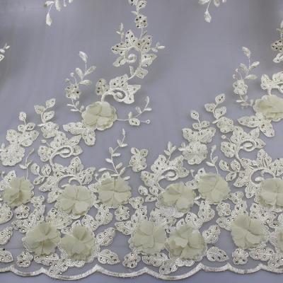 China 3D Floral Lace Fabric With Beaded Embroidered Polyester Fiber For Party Gowns for sale