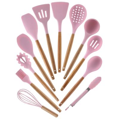 China Disposable Silicone Kitchenware Utensil Set 12pcs/set Eco Friendly Silicone Cooking Tools With Wooden Handle for sale