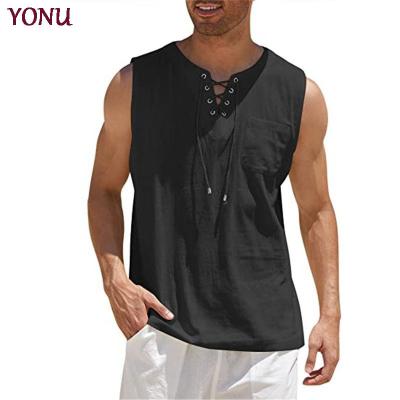 China Factory Wholesale Mens Breathable Casual Canvas Vest Solid Color Loose Lace Up Sleeveless Tops for sale