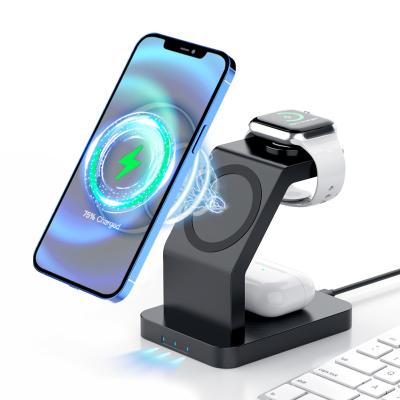 China Charging Cell Phones +Earphones+Watch Designed for 12series Airpods Apple Watch 3 in 1 Desktop Magnetic Wireless Charger for sale